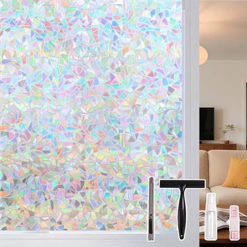 Conkov Fensterfolie Sichtschutzfolie mit Regenbogeneffekt, Elektrostatische Adsorption, Keine Klebeverbindung, Dekorfolie für Wohnzimmer Küche Büro, Halbmond-Backing, 60 x 200 cm mit Werkzeug von Conkov