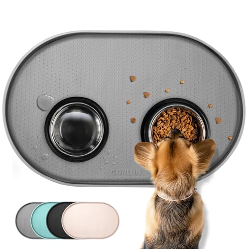 Conlun Napfunterlage Hund,1,2cm Hohe Ränder Futtermatte Katzen zur Vermeidung von Verschüttungen,BPA-Freie Silikonmatte mit Rand Gummi-Hundenapf Unterlage für Futter- und Wassernäpfe(Grau,48x30 cm)GR von Conlun