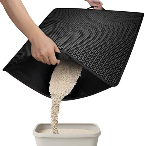 Conlun Katzenstreu Matte mit Griffen,Doppelschichtiges Honigwaben-Design Katzenmatte zur Streukontrolle,Katzenklo Matte mit Rutschfester Rückseite,Einfach zu Reinigen (Schwarz,76x54,5cm) von Conlun