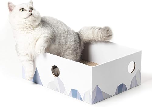 Conlun Kratzbrett Katze mit Box, Langlebige Kratzpappe für Katzen, Beidseitig Nutzbar, Interaktive Öffnungen, Sauberes Kratzmöbel für Wohnungskatzen (1 Stück, Mittel, Weiß) von Conlun