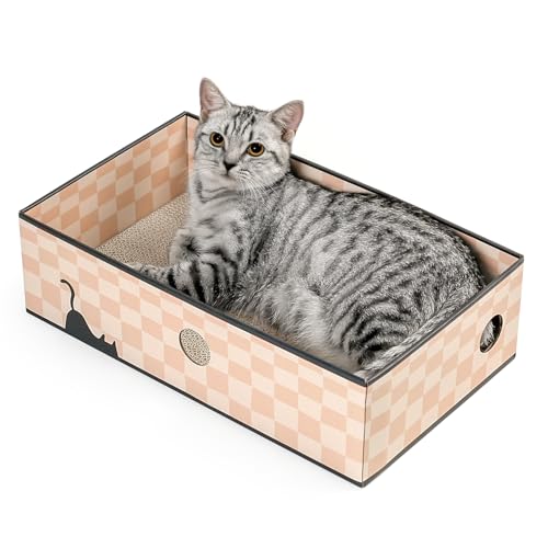 Conlun Katzen Kratzbrett mit Box, Großes Kratzmöbel, Beidseitige Kratzpappe für Katzen, Interaktive Öffnungen, Kratzbett für Wohnungskatzen, mit Katzenminze (1 Stück, Groß, Schachbrett) von Conlun