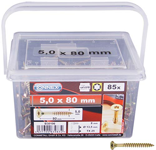 Connex Universalschrauben 5,0 x 80 mm - 140 Stück im Set - Senkkopf - TX-Antrieb - Teilgewinde - Gelb verzinkt / Schrauben-Set / Schrauben-Eimer / B30196 von CON:P