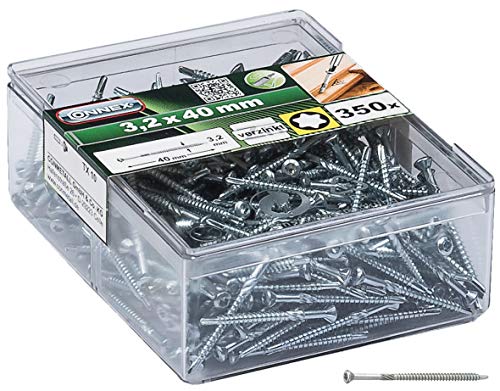Connex Dielenschrauben 3,2 x 40 mm - 350 Stück - Mit Bohrspitze & Schneidkerbe - Senkkopf - TX-Antrieb - Verzinkt - Inkl. Bit / Verlege-Schrauben für Dielenböden / Schrauben-Set / DP3213240 Silber von Connex