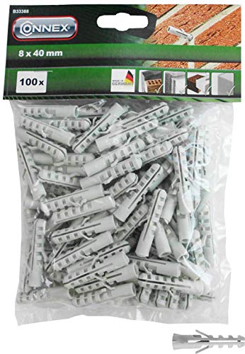 Connex Dübel Ø 8 mm - 100 Stück im praktischen Set - Polypropylen - Für einfache Befestigungsarbeiten in Vollstein & Beton / Dübel-Set / Universaldübel / B33388 Weiß von Connex