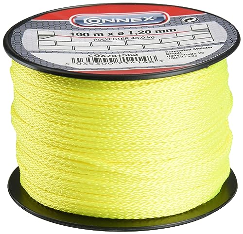 Connex Maurerschnur gelb - 100 m Länge - Ø 1,2 mm - Polyester geflochten - Knotenfest - Reißfest & Belastbar - Auf Spule / Richtschnur / Bauschnur / Lotschnur / Pflasterschnur / COX781562 von Connex