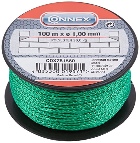 Connex Maurerschnur grün - 100 m Länge - Ø 1,0 mm - Polyester geflochten - Knotenfest - Reißfest & Belastbar - Auf Spule / Richtschnur / Bauschnur / Lotschnur / Pflasterschnur / COX781560 von Connex