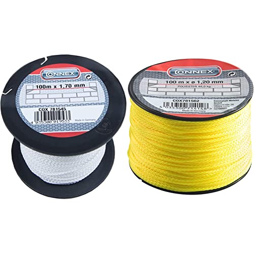 Connex Maurerschnur weiß - 100 m Länge - Ø 1,7 mm - Polypropylen geflochten - COX781545 & Maurerschnur gelb - 100 m Länge - Ø 1,2 mm - Polyester geflochten - COX781562 von Connex