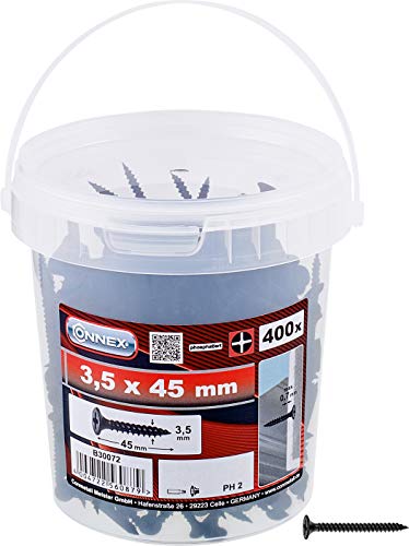 Connex Schnellbauschrauben 3,5 x 45 mm - 400 Stück - Mit Feingewinde - Trompetenkopf - PH Phillips-Antrieb - Schwarz phosphatiert / Trockenbauschrauben / Schrauben-Eimer / B30072 von Connex