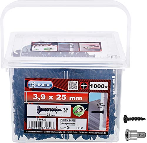 Connex Schnellbauschrauben 3,9 x 25 mm - 1000 Stück - Mit Feingewinde - Trompetenkopf - PH Phillips-Antrieb - Schwarz phosphatiert - Inkl. Tiefenstopp / Trockenbauschrauben / Schrauben-Eimer / B30122 von Connex