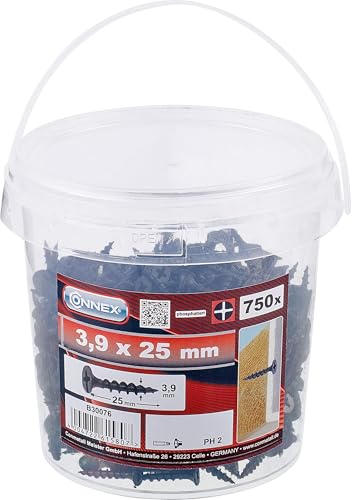 Connex Schnellbauschrauben 3,9 x 25 mm - 750 Stück - Mit Grobgewinde - Trompetenkopf - PH Phillips-Antrieb - Schwarz phosphatiert/Trockenbauschrauben/Schrauben-Eimer / B30076 (Packung mit 2) von Connex