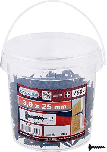 Connex Schnellbauschrauben 3,9 x 25 mm - 750 Stück - Mit Grobgewinde - Trompetenkopf - PH Phillips-Antrieb - Schwarz phosphatiert / Trockenbauschrauben / Schrauben-Eimer / B30076 von Connex