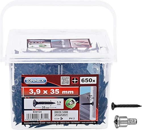 Connex Schnellbauschrauben 3,9 x 35 mm - 650 Stück - Mit Feingewinde - Trompetenkopf - PH Phillips-Antrieb - Schwarz phosphatiert - Inkl. Tiefenstopp / Trockenbauschrauben / Schrauben-Eimer / B30124 von Connex
