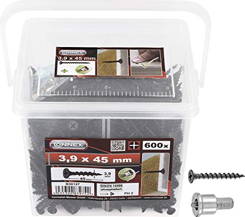 Connex Schnellbauschrauben 3,9 x 45 mm - 600 Stück - Mit Grobgewinde - Trompetenkopf - PH Phillips-Antrieb - Schwarz phosphatiert - Inkl. Tiefenstopp / Trockenbauschrauben / Schrauben-Eimer / B30127 Connex Schnellbauschrauben 3,9 x 45 mm - 600 Stück - Mit Grobgewinde - Trompetenkopf - PH Phillips-Antrieb - Schwarz phosphatiert - Inkl. Tiefenstopp / Trockenbauschrauben / Schrauben-Eimer / B30127 von Connex