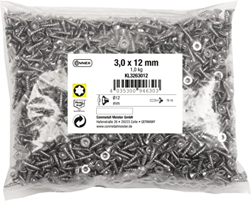 Connex Universalschrauben 3,0 x 12 mm - 1 kg Großpack - Senkkopf - TX-Antrieb - Vollgewinde - Edelstahl rostfrei / Schrauben-Set / Schrauben im Beutel / KL3263012 von Connex