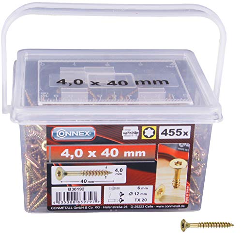 Connex Universalschrauben 4,0 x 40 mm - 455 Stück im Set - Senkkopf - TX-Antrieb - Teilgewinde - Gelb verzinkt / Schrauben-Set / Schrauben-Eimer / B30192 Connex Universalschrauben 4,0 x 40 mm - 455 Stück im Set - Senkkopf - TX-Antrieb - Teilgewinde - Gelb verzinkt / Schrauben-Set / Schrauben-Eimer / B30192 von Connex