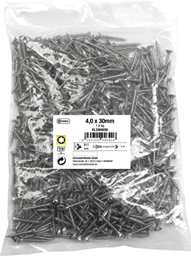 Connex Universalschrauben 4,0 x 30 mm - 1 kg Großpack - Senkkopf - TX-Antrieb - Vollgewinde - Edelstahl rostfrei / Schrauben-Set / Schrauben im Beutel / KL3264030 von Connex