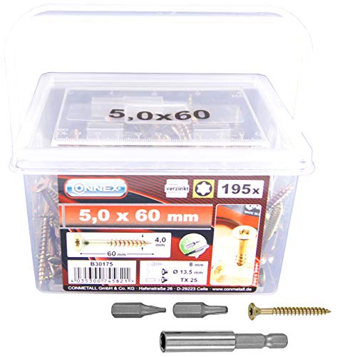 Connex Universalschrauben 5,0 x 60 mm - 195 Stück im Set - Senkkopf - TX-Antrieb - Teilgewinde - Gelb verzinkt - Inkl. Magnethalter & 2 Bits / Schrauben-Set / Schrauben-Eimer / B30175, Silber von Connex