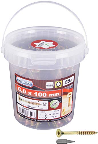Connex Universalschrauben 6,0 x 100 mm - 85 Stück im Set - Senkkopf - TX-Antrieb - Teilgewinde - Gelb verzinkt - Inkl. Bit / Schrauben-Set / Schrauben-Eimer / B30085 von Connex