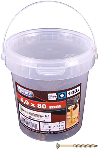 Connex Universalschrauben 6,0 x 80 mm - 100 Stück im Set - Senkkopf - PZ Pozidriv-Antrieb - Teilgewinde - Gelb verzinkt / Schrauben-Set / Schrauben-Eimer / B30114, Gold Connex Universalschrauben 6,0 x 80 mm - 100 Stück im Set - Senkkopf - PZ Pozidriv-Antrieb - Teilgewinde - Gelb verzinkt / Schrauben-Set / Schrauben-Eimer / B30114, Gold von Connex