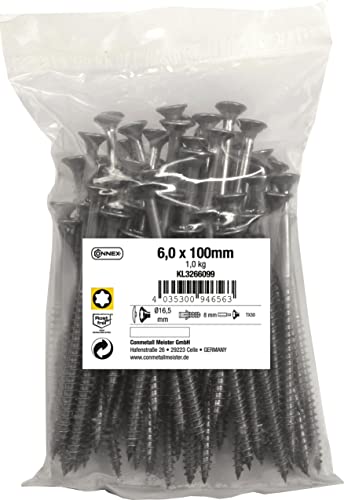 Connex Universalschrauben 6,0 x 100 mm - 1 kg Großpack - Senkkopf - TX-Antrieb - Teilgewinde - Edelstahl rostfrei / Schrauben-Set / Schrauben im Beutel / KL3266099 von Connex