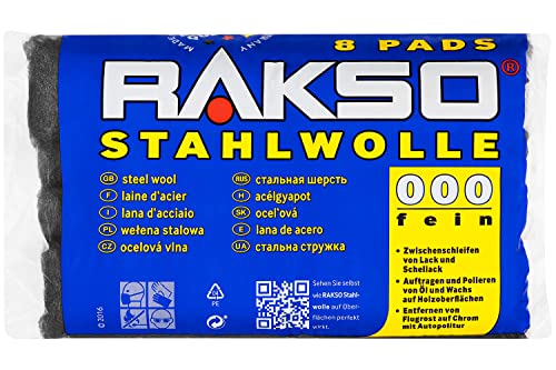 RAKSO Stahlwolle fein 000-8 Pads, Zwischenschliff von Lack, Schellack, poliert Kupfer, Messing & Wachs auf Holz von RAKSO