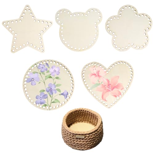 5 Stück Korbboden zum Häkeln, Korbboden aus Holz, Blank Holzboden für Häkelkorb, Gehäkelter Taschenboden aus Holz für DIY Handtasche Korb Webbedarf Kunsthandwerk,15cm, 5 Formen von Connextion