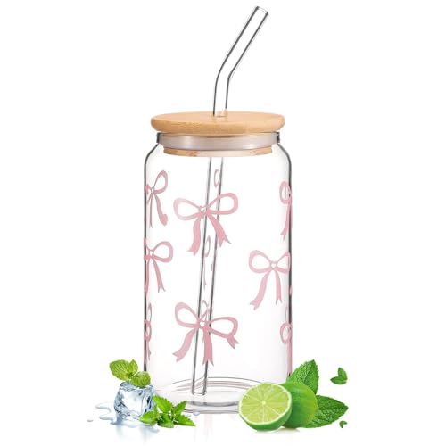 Glas Trinkbecher Mit Deckel Und Strohhalm, Eleganter 16 Oz Glas Tumbler, Rosa Schleife Glasbecher, Vielseitiges Trinkglas für Bubble Tea Kaffee Cocktail Eiskaffee Matcha Cocktail von Connextion