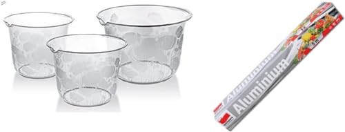 5 m Aluminium Folie und Backpapier auf Einer Rolle, Hitzebeständig bis 220°C, Rösten, Dämpfen, Einfrieren, Premiumline, Rührschüssel Set 3 Schüsseln von Conny Clever