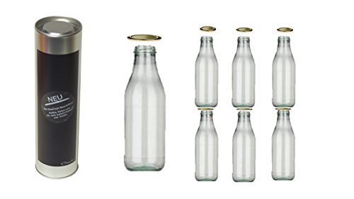 6 leere Milchflaschen mit Verschluss 1l Liter Milchflasche Glas von Conny Clever® + eine Geschenkedose beschriftbar für Weinflaschen und weitere Geschenke von Conny Clever