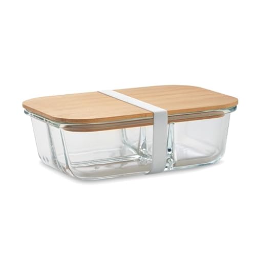 Glas-Aufbewahrungsbehälter mit Bambusdeckel Lunchbox für Lebensmittel, TransparentLunchbox aus Borosilikatglas mit 3 Fächern. Deckel aus Bambus und Verschlussband aus Silikon. Füllmenge: 800ml von Conny Clever