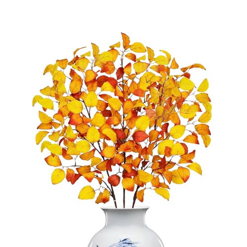 3 Bündel 97cm Kunstblumen Herbst Herbstdeko, Herbstblumen Künstlich Herbstlaub Pflanzen Fagus Sylvatica, Kunstzweige Faux Stämme Lange Stiele für Herbst Dekoration Gartendekoration Tischdeko (Gelb) von Conponous