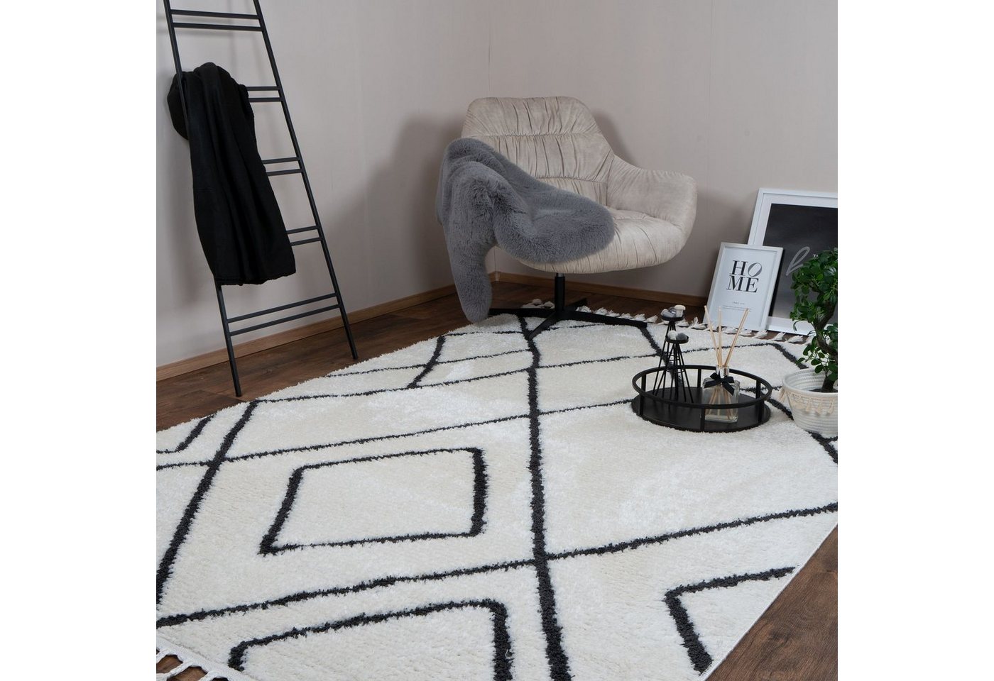 Designteppich BERBER Teppich Wohnzimmer ivory creme weiß kurzflor Fransen Skandi, Consilio Concept von Consilio Concept