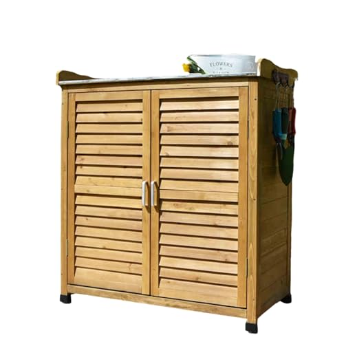 Conslika Outdoor-Pflanztisch mit Metallarbeitsplatte - Wasserdichter UV-beständiger Doppeltür-Schuppen, Werkzeugorganizer mit Fächern für Garten, Terrasse & Rasen(Light beige) von Conslika