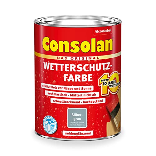 Consolan Wetterschutzfarbe, Deckender Holzschutz für Außen, Silbergrau, 750ml Consolan Wetterschutzfarbe, Deckender Holzschutz für Außen, Silbergrau, 750ml von Consolan