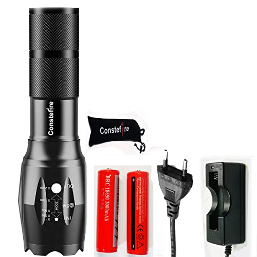 Taschenlampe XML T6 LED Taschenlampe verstellbar (1200 lm; Wasserdicht IPX5;5 Modi: ); 2 x 18650 Akku, wiederaufladbar 3.7 Volt 3000 mAh und Ladegerät inkl. & Mini Taschenlampe von Constefire