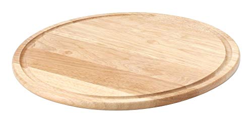Continenta 6 Stück Holz Pizzateller aus Gummibaumholz mit Rille für Flüssigkeiten, Pizzabretter, Holzteller, Größe: Ø 33 x 1,2 cm, Danto® Vorteils-Set von Continenta