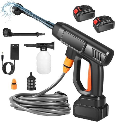 Akku Hochdruckreiniger, Tragbare Hochdruck Wasserpistole mit 6-in-1 Verstellbarer Düse und 5 m Schlauch, 2 * 4000 mAh Hydrojet Hochdruckreiniger zum Reinigen von Autos, Böden, Rasen von Contraxump
