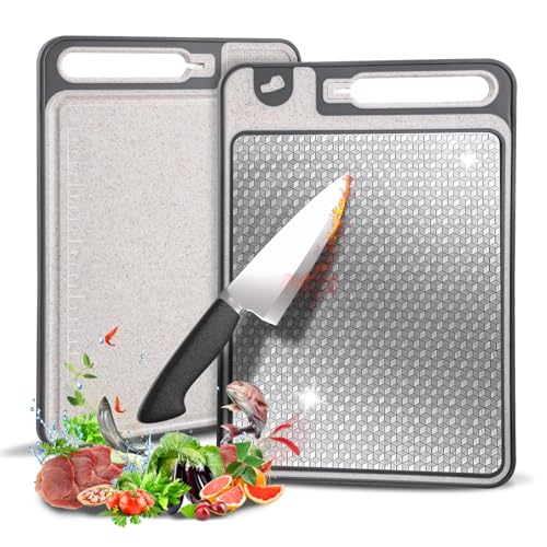 Doppelseitiges Schneidebrett, Schneidebrett aus Edelstahl 304 und Weizenstroh für Fleisch und Gemüse, Küchenschneidebrett, rutschfest, robust, langlebig, kratzfestes Netzdesign, einfach aufzuhängen von Contraxump