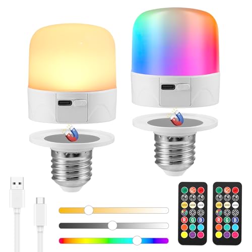 2 Stück Wiederaufladbare Glühbirne mit Fernbedienung, RGB Aufladbare Glühbirne, 3 Farbtemperaturen, 2000mAh, Dimmbare E27 Abnehmbare LED Glühbirne mit Timing-Funktion für Pendelleuchten Notlicht von Contraxump