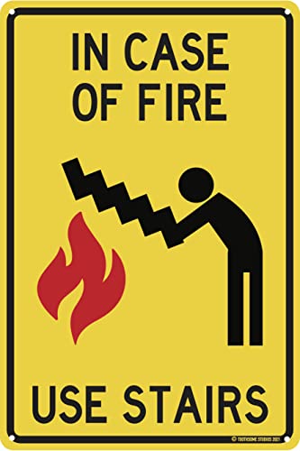 Lustiges Blechschild "In Case Of Fire Use Stairs", 30,5 x 20,3 cm von Contrence