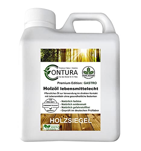 Holzöl Lebensmittelecht Gastro Zertifiziert Arbeitsplattenöl Gefahrstoffrei 100% Vegan Pflanzenöl Öl Naturöl Pflegeöl Holzschutz für Schnmeidbrett Messerblock aus Holz (1 Liter) von Contura