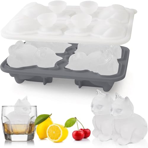 3D Katze Eiswürfelform, Silikon Eiswürfelschale mit Deckel für Cocktail Whiskey Bourbon, lustige Formen Eiswürfelschalen niedliche Katze Geschenke für Frauen Katzenliebhaber (Grau) von Coo2Sot