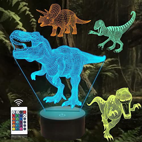 CooPark Dinosaurier Geschenke,T Rex 3D Nachtlicht Illusion Lampe(4 Muster Dino) mit Fernbedienung 16 Farbwechsel-Dekortisch Lampe,Dinosaurier-Geschenke für Kinder Jungen zum Geburtstag Weihnachten von CooPark