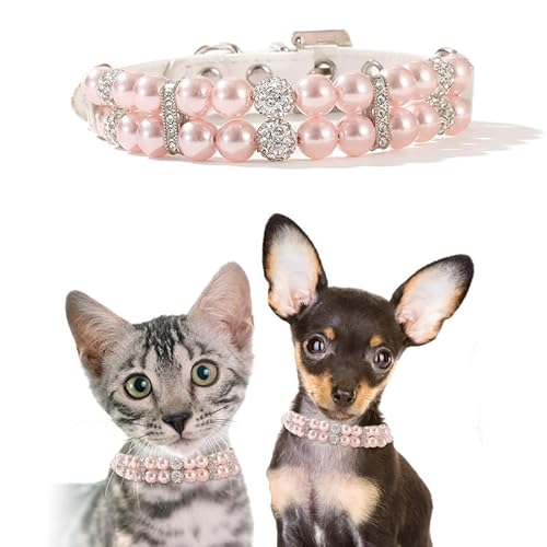 Coogime Hundehalsband mit Diamanten, Perlenkette für Hunde und Katzen, Haustierhalsband mit Perlen, Kleiner Haustierhalskettenschmuck Verstellbare für Hochzeitskatze und Hund (pink, l) von Coogime