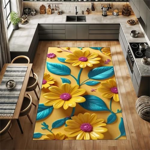 Cooiiye Teppich 120x160cm Gelbe Blumen Moderner Großer Teppich,Teppichs Wohnzimmer Waschbarer, rutschfest Easy Clean teppichs für Schlafzimmer, Balkon, Auch, KüChe oder Esszimmer Geeignet von Cooiiye
