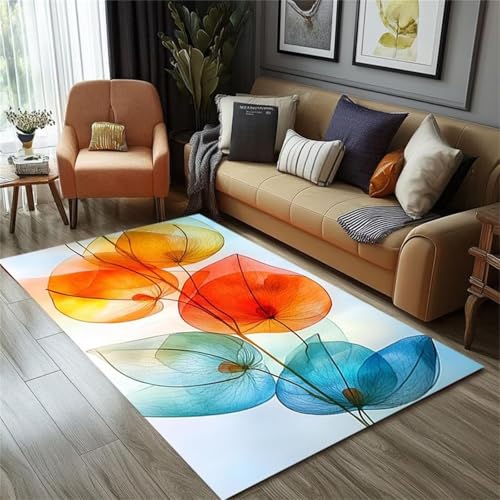 Cooiiye Teppich 120x160cm Orangeblaue Pflanzen Moderner Großer Teppich,Teppichs Wohnzimmer Waschbarer, rutschfest Easy Clean teppichs für Schlafzimmer, Balkon, Auch, KüChe oder Esszimmer Geeignet von Cooiiye