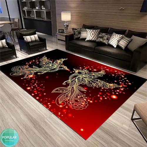 Cooiiye Teppich 120x160cm Rote goldene Vögel Moderner Großer Teppich,Teppichs Wohnzimmer Waschbarer, rutschfest Easy Clean teppichs für Schlafzimmer, Balkon, Auch, KüChe oder Esszimmer Geeignet von Cooiiye