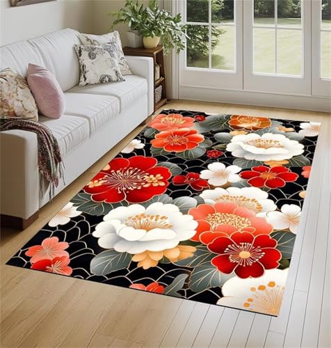 Cooiiye Teppich 120x180cm Blume Rot Weiß Moderner Großer Teppich,Teppichs Wohnzimmer Waschbarer, rutschfest Easy Clean teppichs für Schlafzimmer, Balkon, Auch, KüChe oder Esszimmer Geeignet von Cooiiye