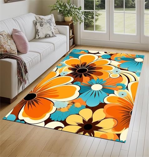 Cooiiye Teppich 120x180cm Gelbe Blaue Blumen Moderner Großer Teppich,Teppichs Wohnzimmer Waschbarer, rutschfest Easy Clean teppichs für Schlafzimmer, Balkon, Auch, KüChe oder Esszimmer Geeignet von Cooiiye