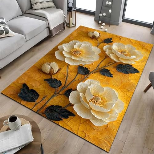 Cooiiye Teppich 120x180cm Gelbe weiße Blumen Moderner Großer Teppich,Teppichs Wohnzimmer Waschbarer, rutschfest Easy Clean teppichs für Schlafzimmer, Balkon, Auch, KüChe oder Esszimmer Geeignet von Cooiiye